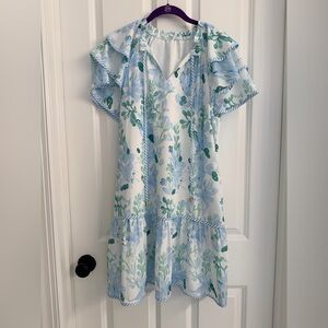 White Dress with Blue & Green Floral Print